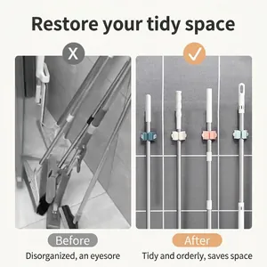 No-drill adhesive wall-mounted mop holder hooks with before and after comparison view.
