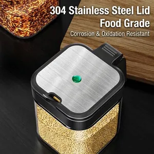 Square glass seasoning jar with brushed 304 stainless steel lid for kitchen salt storage