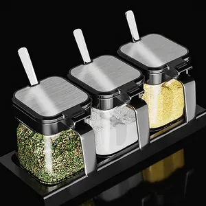 304 Stainless Steel Lid Glass Seasoning Jar Moisture Proof Kitchen Spice Container With Integrated Spoon Storage Bottle
