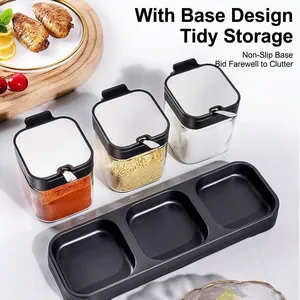 Glass kitchen seasoning jar set including 3 spice jars and a black non-slip base