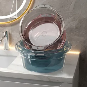 Lavabo Portable en Plastique Épaissi pour Femmes Soins Personnels Sous-vêtements Bassine de Lessive avec Poignées Antidérapantes Bleu Gris Transparent