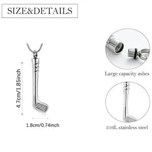 Vue détaillée de la taille et du matériau d'un pendentif urne de golf en acier 316L.