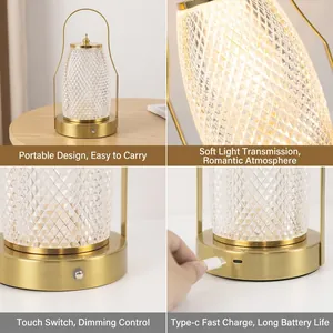 Lampe de table LED portable en cristal avec charge rapide Type-C et gradation tactile