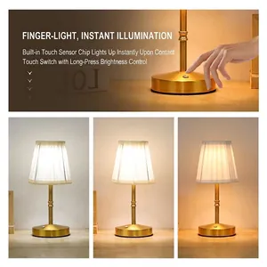 Elegant rechargeable metal table lamp with fabric shade and dimmable touch control