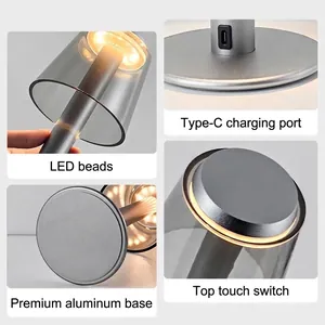 Modern gray aluminum cordless touch table lamp with LED beads and Type-C charging port