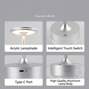 Detailansichten der kabellosen silbernen Bar-Tischlampe aus Aluminium mit USB-C