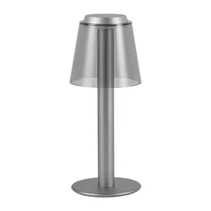 Modern cordless touch rechargeable table lamp with a silver base and a grey shade