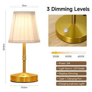 Gold metal rechargeable LED table lamp with white fabric pleated shade and touch control