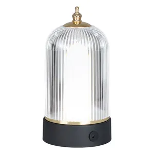 Modern rechargeable LED bar table lamp with ribbed clear dome and matte black base