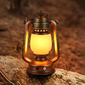 Retro bronze LED rechargeable camping lantern with warm flame light for outdoors