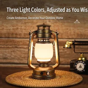 Vintage rechargeable LED camping lantern with warm light and portable handle on mat
