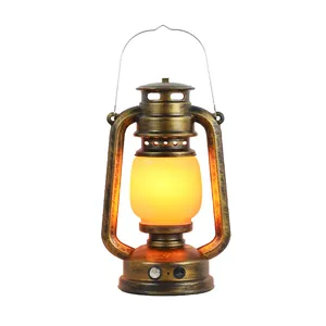Vintage rechargeable LED camping lantern with warm flame effect and antique bronze finish