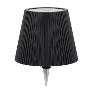 Black pleated LED bottle lamp for restaurants and bars, rechargeable and dimmable.