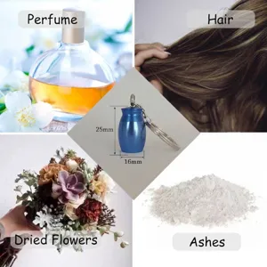 Miniature blue cremation urn keychain for ashes, hair, and dried flowers memory