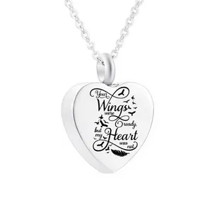 Stainless Steel Heart Memorial Urn Necklace For Ashes Your Wings Were Ready Engraved Cremation Pendant Jewelry For Women Men