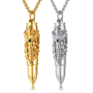 Men Gothic Stainless Steel Dragon Sword Bullet Pendant Necklace Openable Ash Urn Memorial Keepsake Jewelry Gift For Men Women