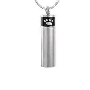 Memorial Pet Cremation Urn Necklace Stainless Steel Cylindrical Ash Pendant With Paw Print Pattern Memorial Keepsake Jewelry For Pet Human Ashes