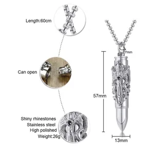 Stainless steel bullet pendant necklace with dragon sword design for men, openable urn jewelry