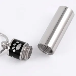 Polished silver stainless steel pet cremation urn necklace with black paw print band