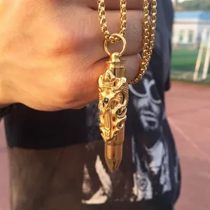 Titanium steel men's bullet pendant necklace with intricate double dragon sword design