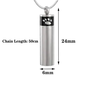 Cylindrical pet memorial urn necklace with paw print engraving and specific size dimensions