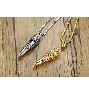 Men's stainless steel bullet pendants with intricate dragon carvings in gold and silver