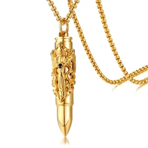 Gold-plated stainless steel bullet necklace with dragon and sword pendant for men