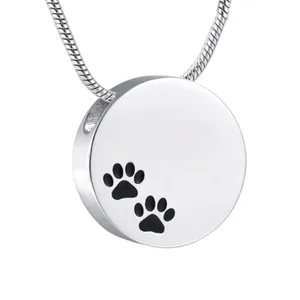 Collier Urne Commémoratif en Acier Inoxydable Empreinte de Patte pour Cendres d'Animaux Pendentif Rond Ouvrable Avec Kit de Remplissage Boîte Cadeau Hommes Femmes