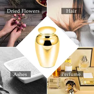 Golden mini cremation urn memorial jewelry for ashes hair and dried flowers