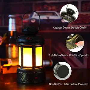 Vintage rechargeable LED bar lantern with warm ambient light and feature detail callouts