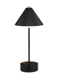 Rechargeable LED bar table lamp with black pleated shade and sleek metal stand base