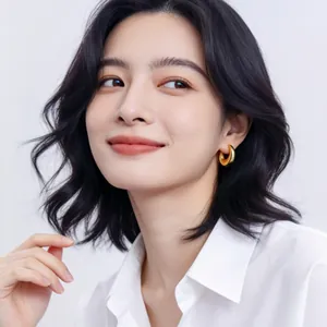Studiofoto eines asiatischen Models mit goldenen Wassertropfen-Ohrringen in Spiegeloptik-Design