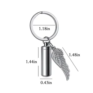 Stainless Steel Cylinder Memorial Urn Keychain Angel Wing Ashes Keepsake Perfume Bottle Pendant Minimalist Jewelry For Unisex