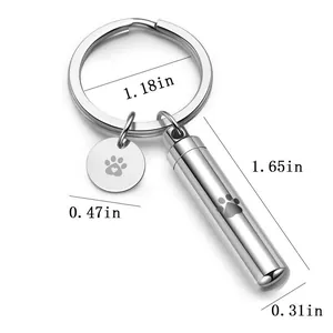 Detailed dimension view of stainless steel cylindrical pet cremation keychain