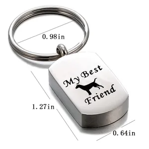 Stainless steel pet memorial urn keychain with My Best Friend engraving and dimensions