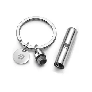 Minimalist stainless steel cylindrical pet cremation urn keychain memorial pendant for ashes