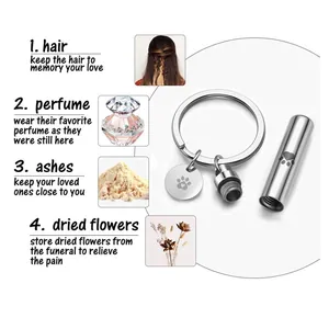 Detail showing cylinder urn keychain uses for hair, perfume, ashes, and dried flowers