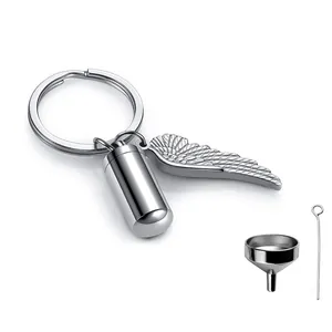Stainless steel angel wing cremation urn keychain with memorial cylinder and funnel kit