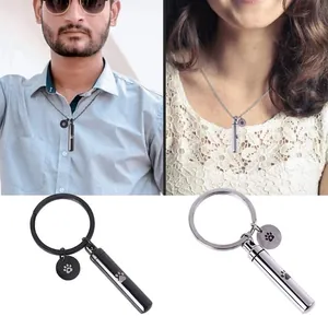 Minimalist stainless steel cylindrical pet ash urn pendant necklace and keychain with paw print