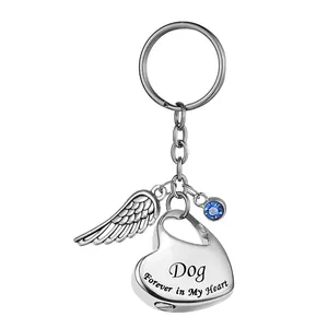 Llavero de urna funeraria para mascotas de acero inoxidable con forma de corazón y ala