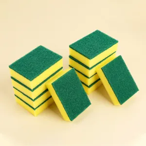 Pack of 10 double-sided dishwashing sponges with green scouring pad and yellow sponge