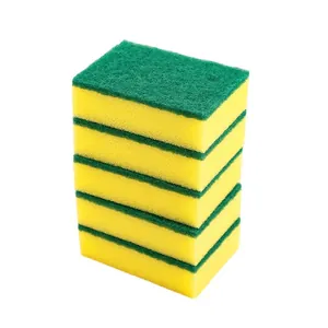 Stack of 5 dual-sided yellow and green kitchen sponges for heavy-duty dishwashing