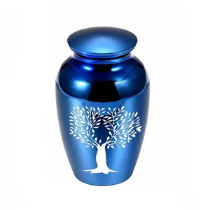 Kleine blaue Urne aus Edelstahl für Haustier-Asche mit weißem Lebensbaum-Muster
