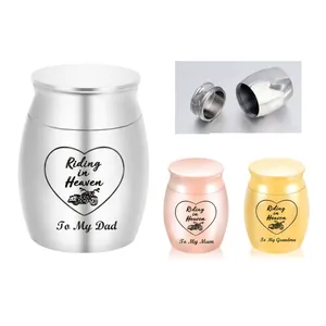Miniature stainless steel memorial cremation urns for human or pet ashes in three colors