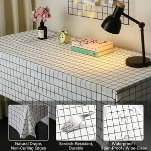 Modern black and white grid PVC tablecloth with waterproof and oilproof features for dining