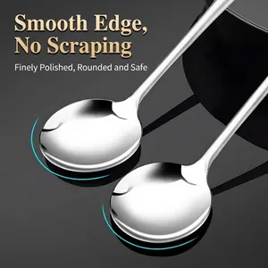 Premium polished stainless steel spoons with long handles for dining, soup and dessert