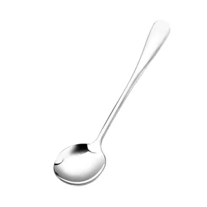 Polished long-handle stainless steel spoon for soup and dessert on white background