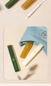 Astucci porta spazzolino portatili da viaggio riposti in una borsa blu per l'uso diario.