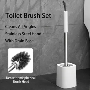 Juego de escobilla de baño con mango largo de acero inoxidable y soporte ventilado