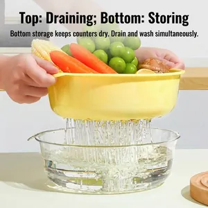 Double-layer kitchen drain basket for washing fruits and vegetables, yellow and transparent design
